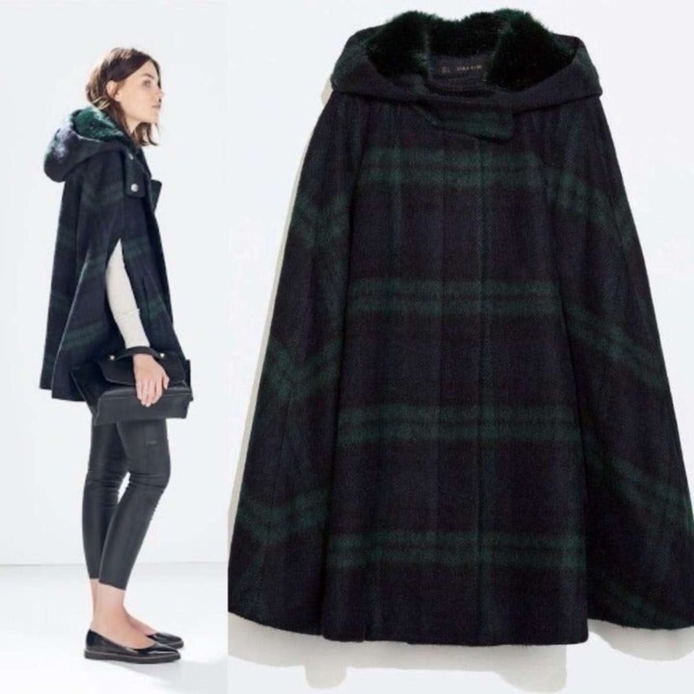 Zara Hooded Checked Wool Plaid Cape Coat